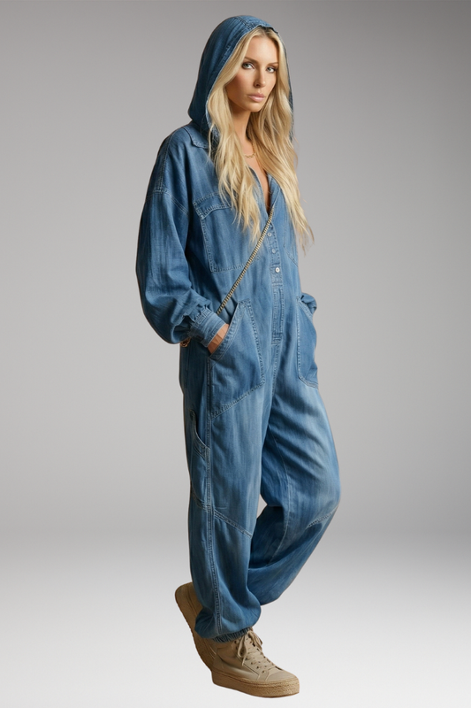 Women's Jumpsuit with Hooded Neckline and Integrated Pockets