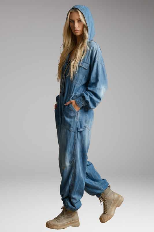 Women's Jumpsuit with Hooded Neckline and Integrated Pockets