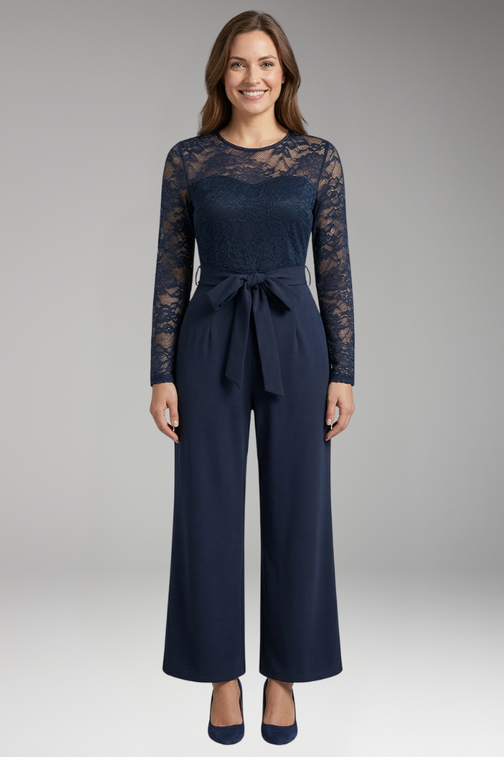 Women's Jumpsuit with Lace Bodice and Waist Tie