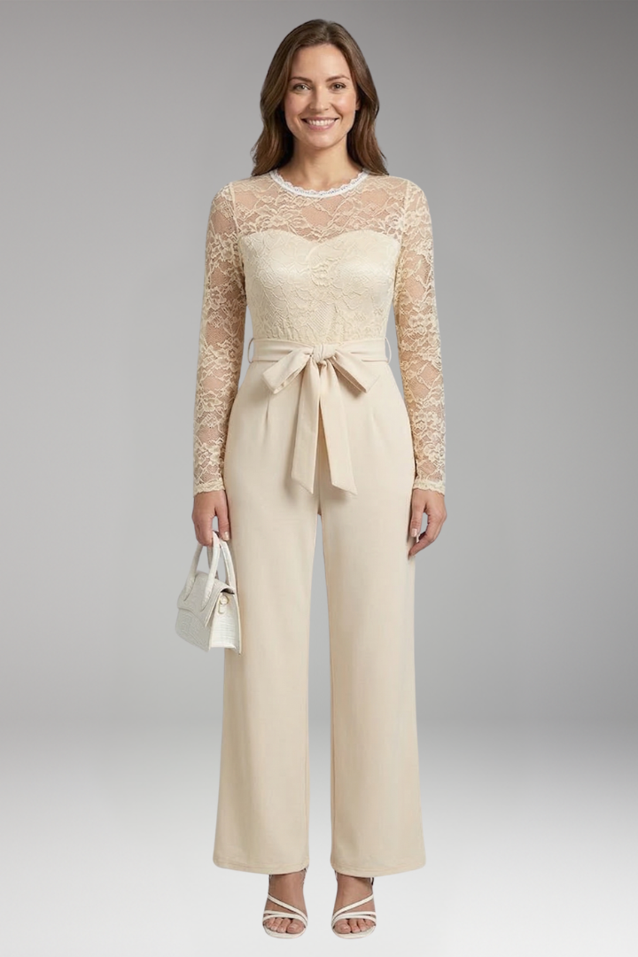 Women's Jumpsuit with Lace Bodice and Waist Tie