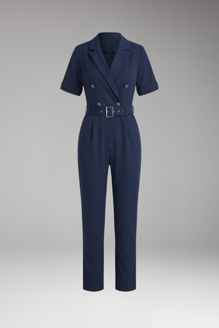 Women's Jumpsuit with Lapel Collar and Waist Belt