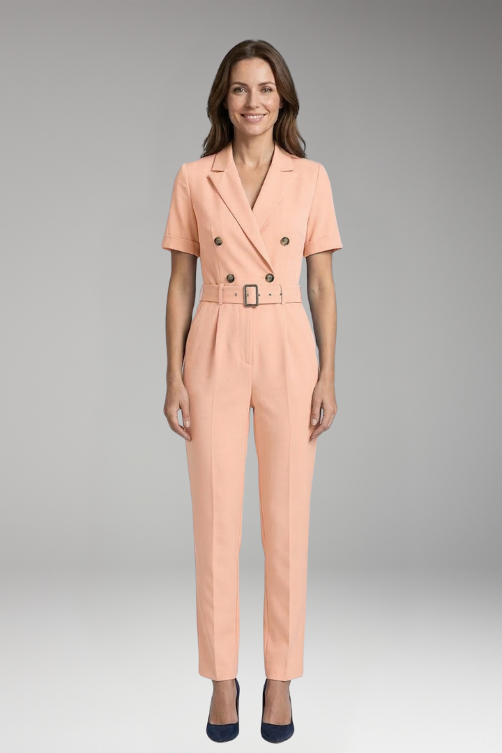 Women's Jumpsuit with Lapel Collar and Waist Belt