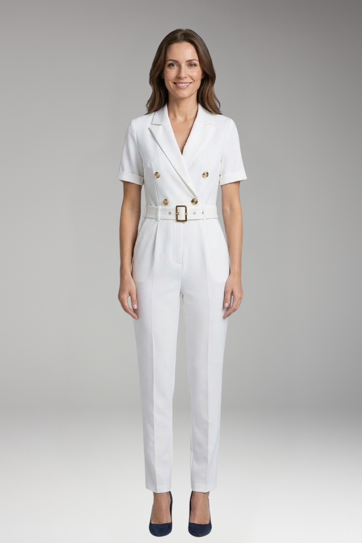 Women's Jumpsuit with Lapel Collar and Waist Belt