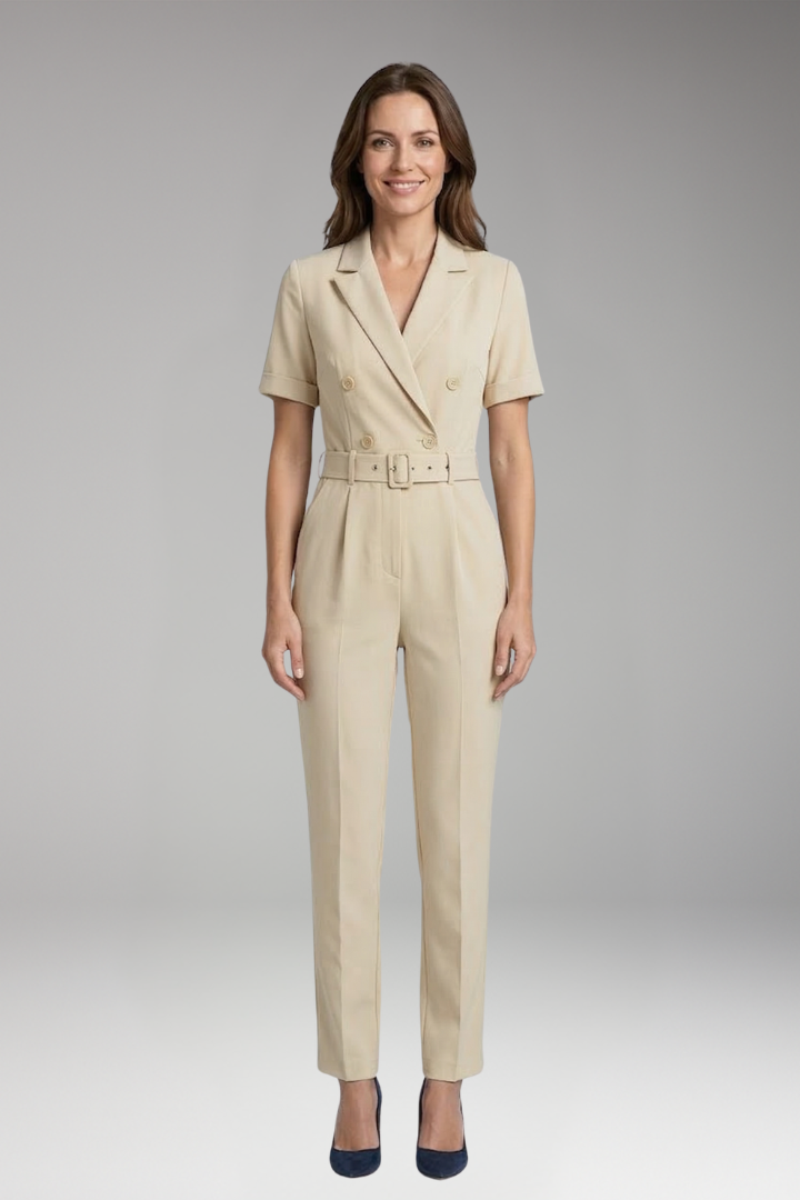 Women's Jumpsuit with Lapel Collar and Waist Belt