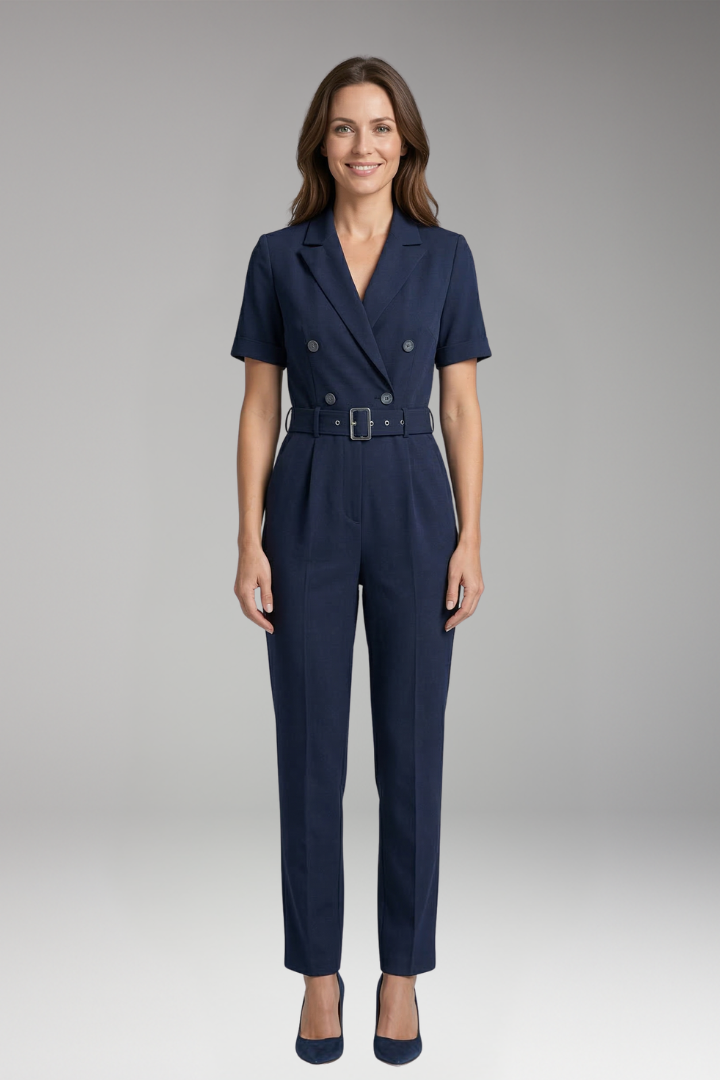 Women's Jumpsuit with Lapel Collar and Waist Belt