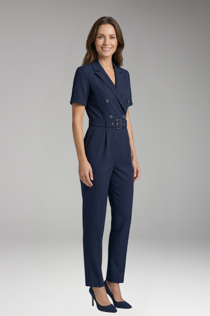 Women's Jumpsuit with Lapel Collar and Waist Belt