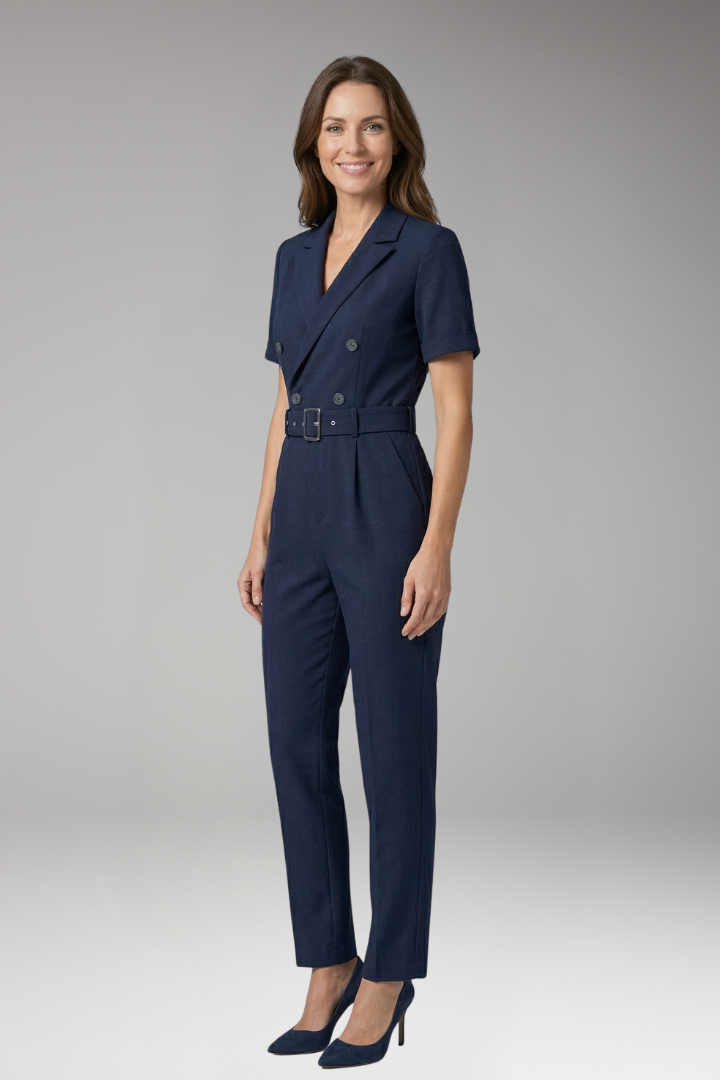 Women's Jumpsuit with Lapel Collar and Waist Belt