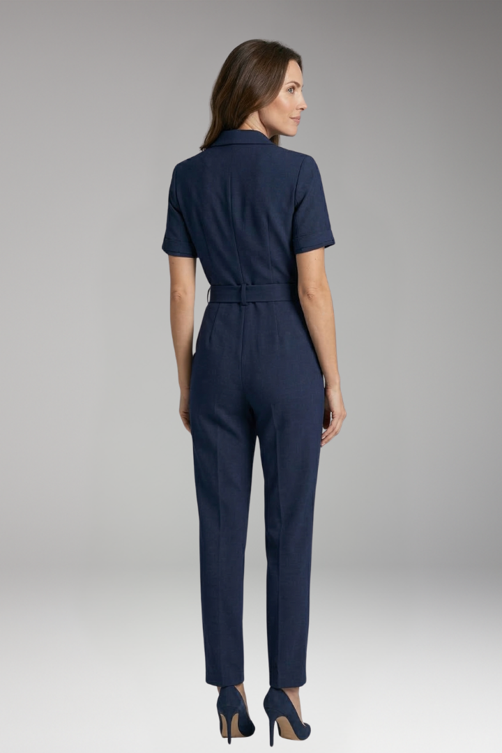 Women's Jumpsuit with Lapel Collar and Waist Belt