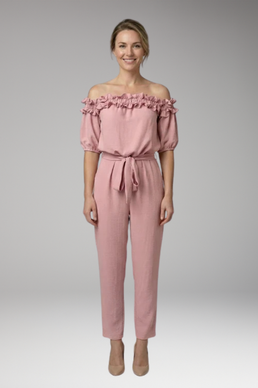 Women's Jumpsuit with Off-Shoulder Neckline and Ruffle Trim