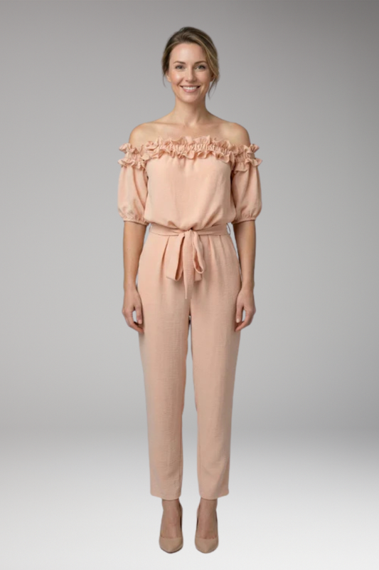 Women's Jumpsuit with Off-Shoulder Neckline and Ruffle Trim