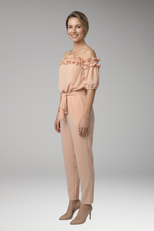 Women's Jumpsuit with Off-Shoulder Neckline and Ruffle Trim