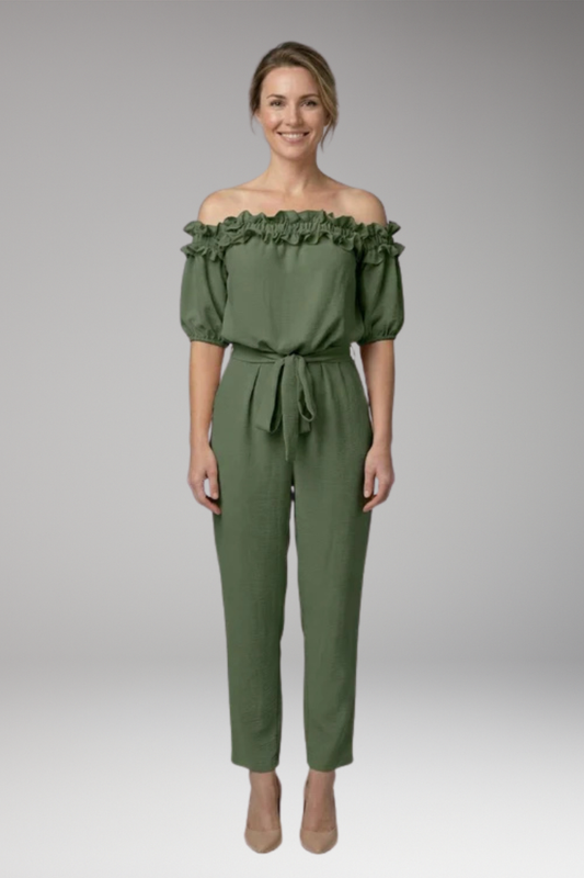 Women's Jumpsuit with Off-Shoulder Neckline and Ruffle Trim