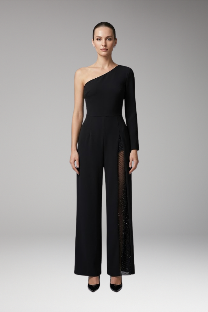 Women's Jumpsuit with One Shoulder and Mesh Panel