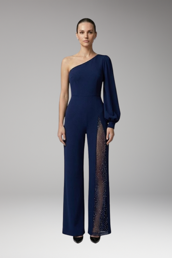 Women's Jumpsuit with One Shoulder and Mesh Panel