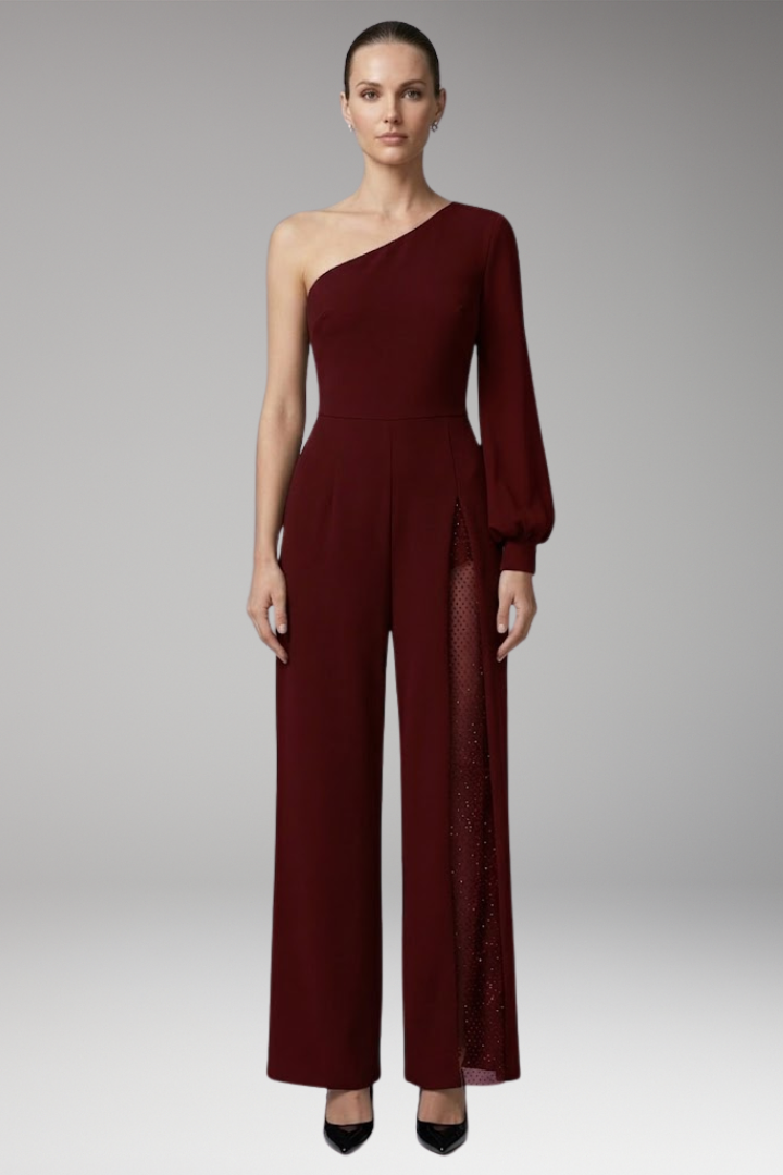 Women's Jumpsuit with One Shoulder and Mesh Panel