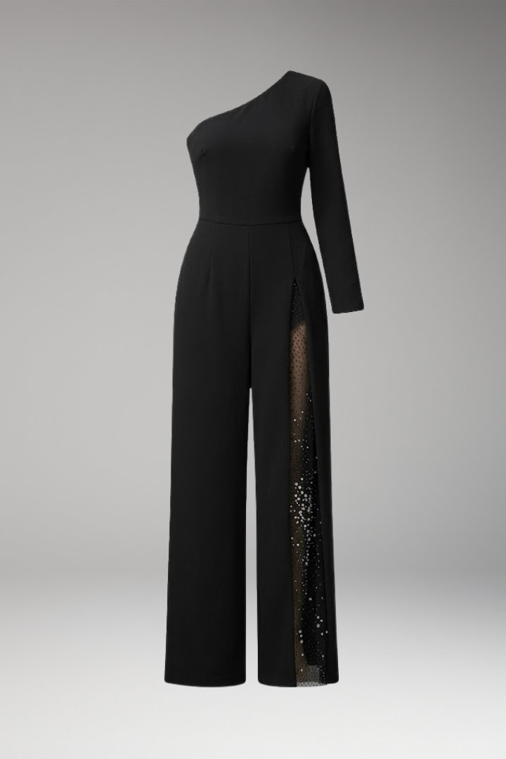 Women's Jumpsuit with One Shoulder and Mesh Panel