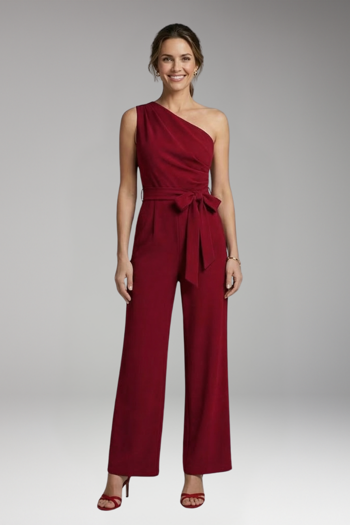 Women's Jumpsuit with One Shoulder and Waist Tie