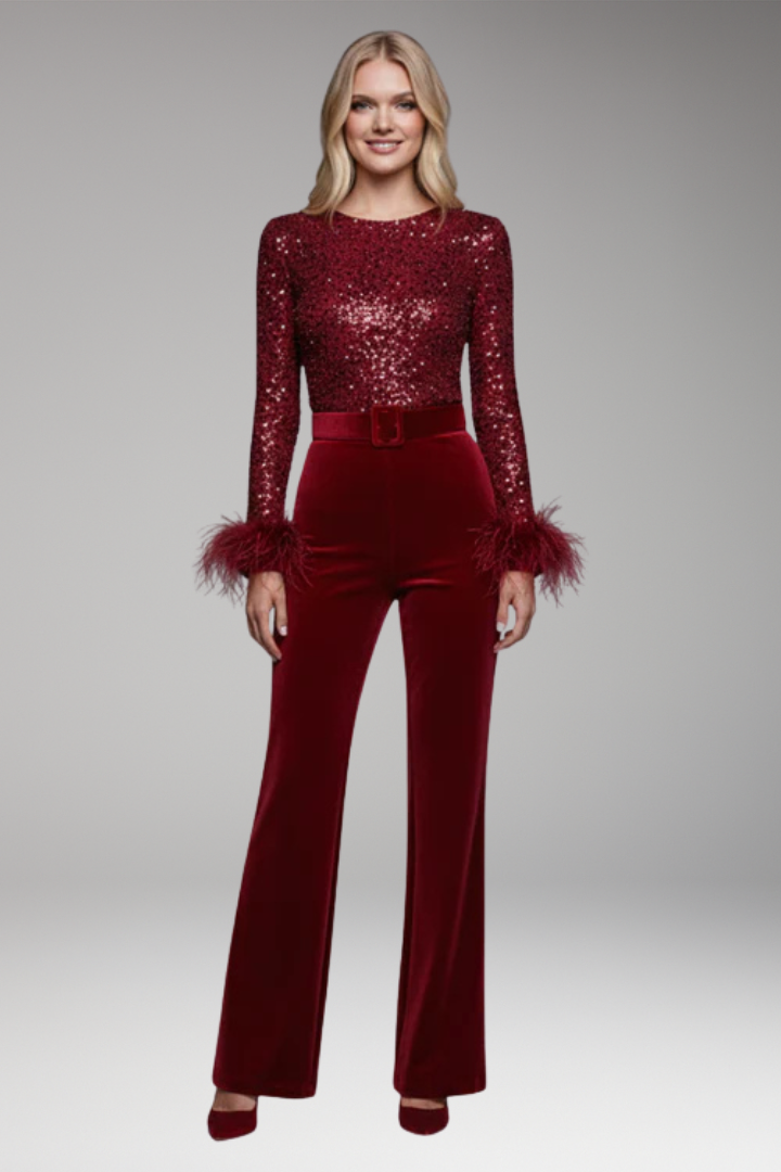 Women's Jumpsuit with Sequin Embellished Top and Belt