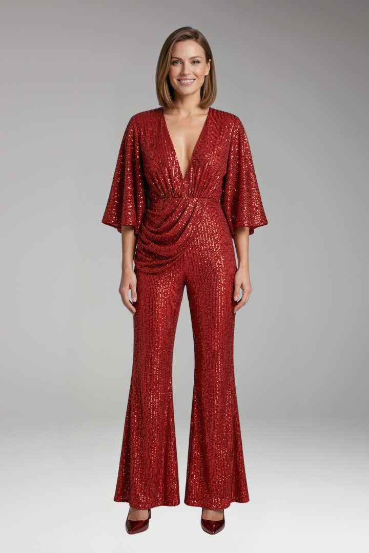 Women's Jumpsuit with Sequin Surface and Flared Legs