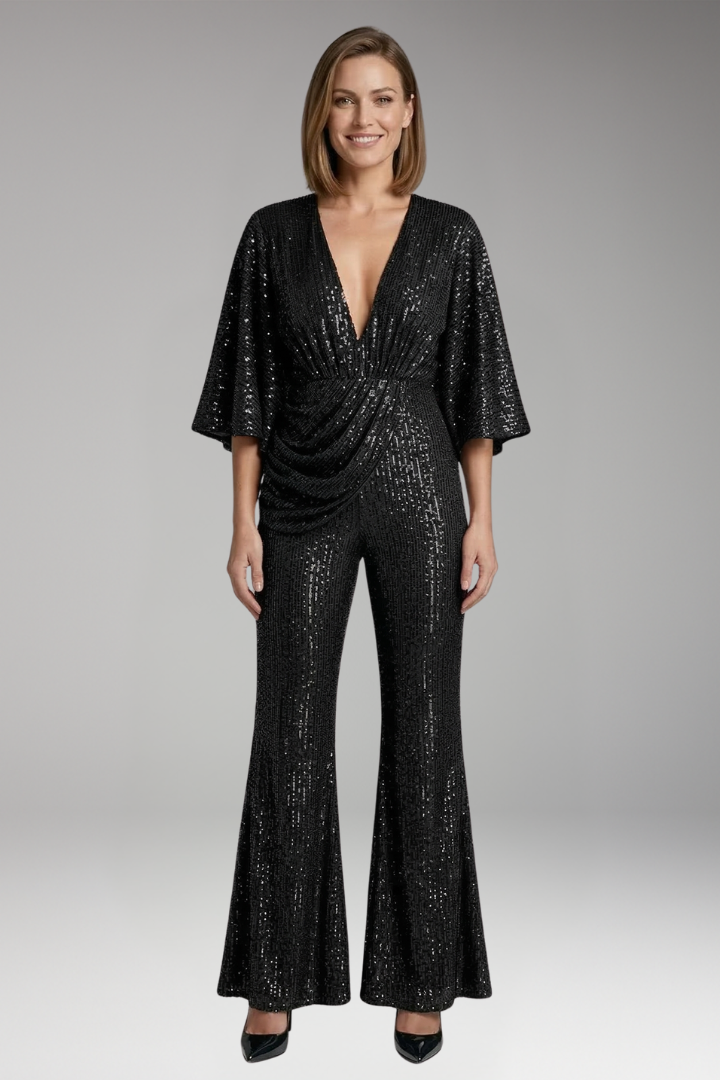 Women's Jumpsuit with Sequin Surface and Flared Legs