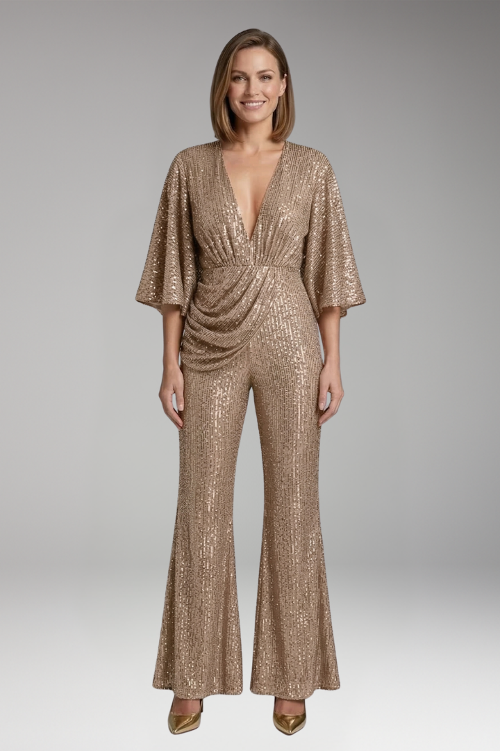 Women's Jumpsuit with Sequin Surface and Flared Legs