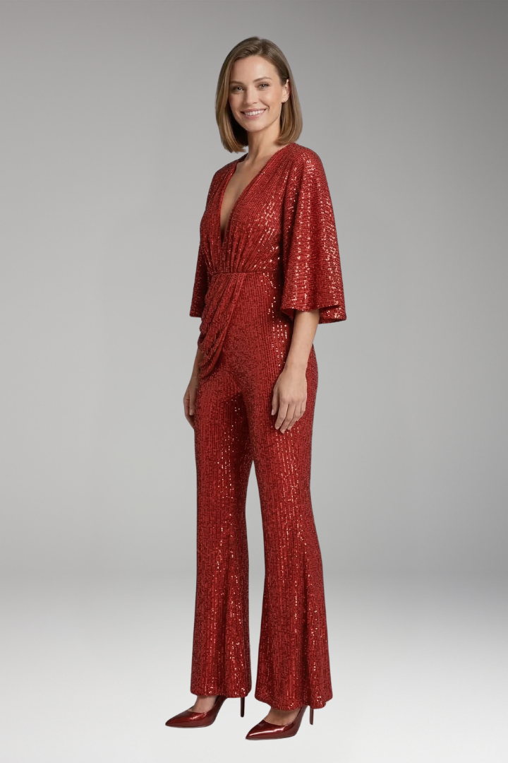 Women's Jumpsuit with Sequin Surface and Flared Legs