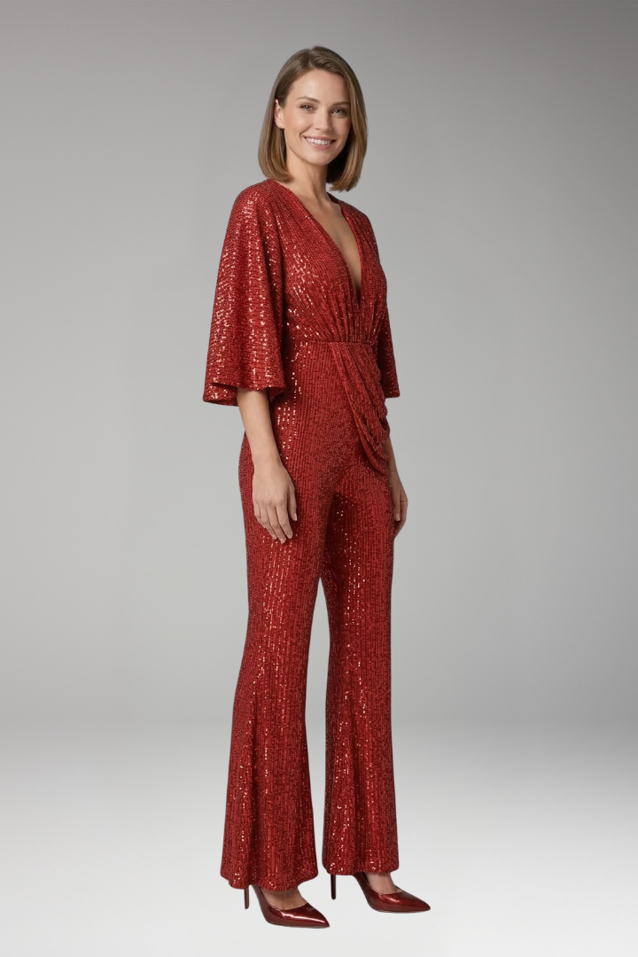Women's Jumpsuit with Sequin Surface and Flared Legs