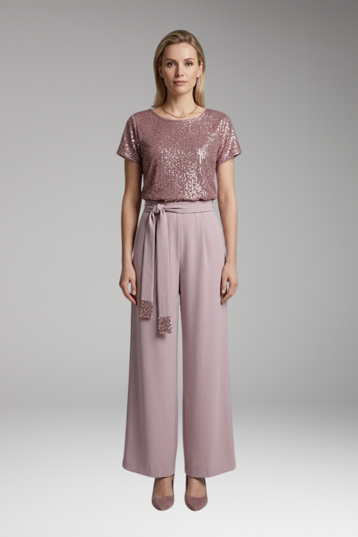 Women's Jumpsuit with Sequin Top and Waist Belt