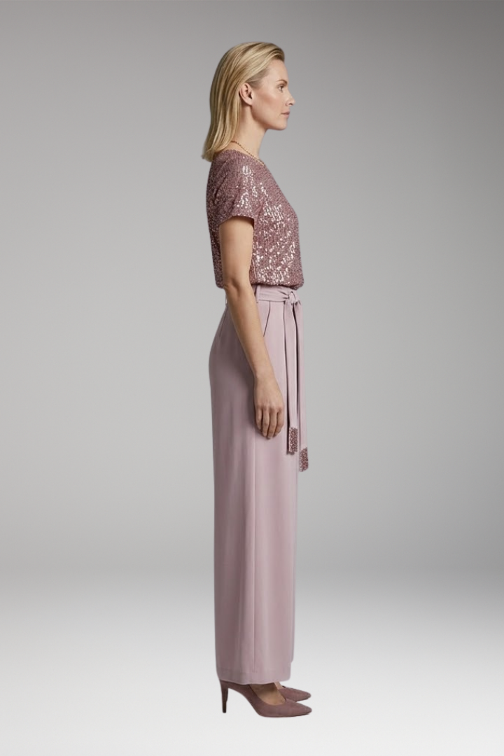 Women's Jumpsuit with Sequin Top and Waist Belt