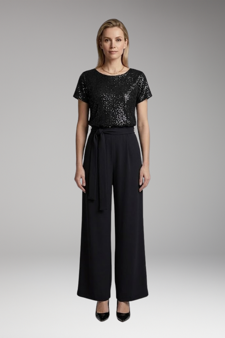 Women's Jumpsuit with Sequin Top and Waist Belt