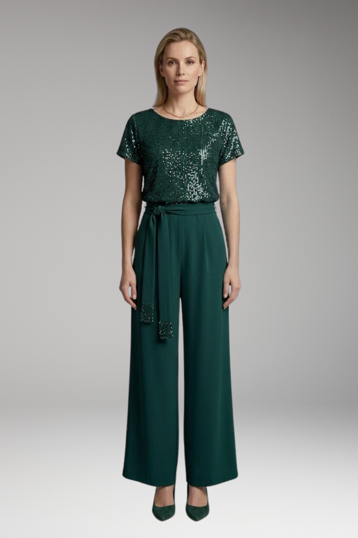 Women's Jumpsuit with Sequin Top and Waist Belt