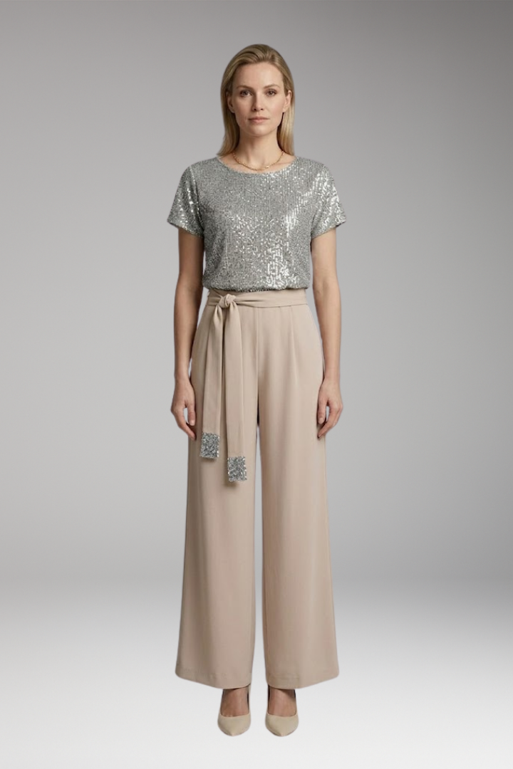 Women's Jumpsuit with Sequin Top and Waist Belt