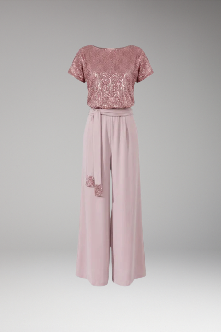 Women's Jumpsuit with Sequin Top and Waist Belt