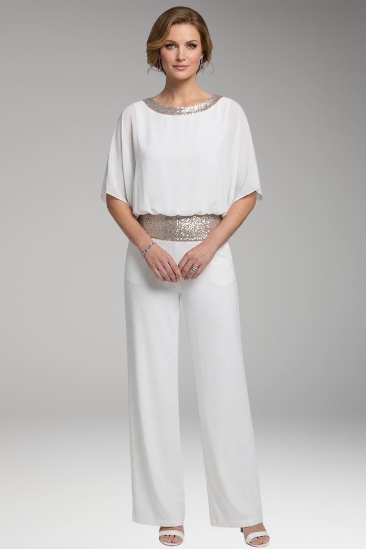 Women's Jumpsuit with Sequin Trim and Wide Legs