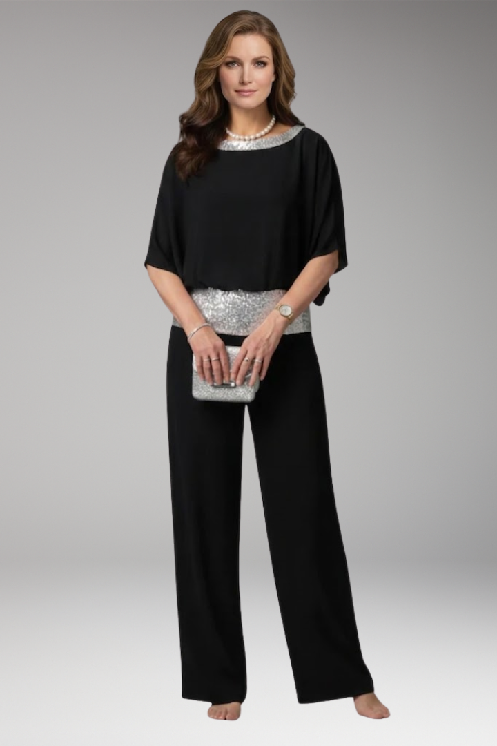 Women's Jumpsuit with Sequin Trim and Wide Legs