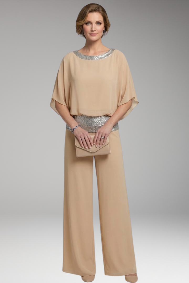 Women's Jumpsuit with Sequin Trim and Wide Legs