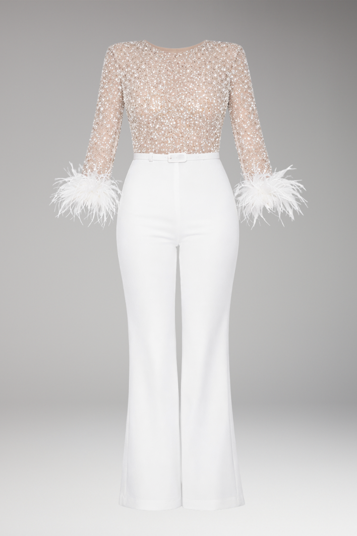 Women’s Jumpsuit with Sequined Top and Feather Cuffs