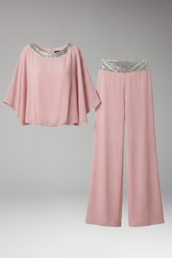 Women's Jumpsuit with Sequined Trim and Round Neck Top