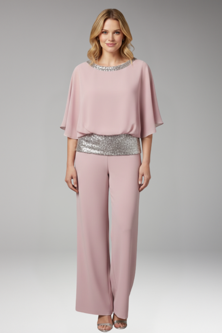 Women's Jumpsuit with Sequined Trim and Round Neck Top
