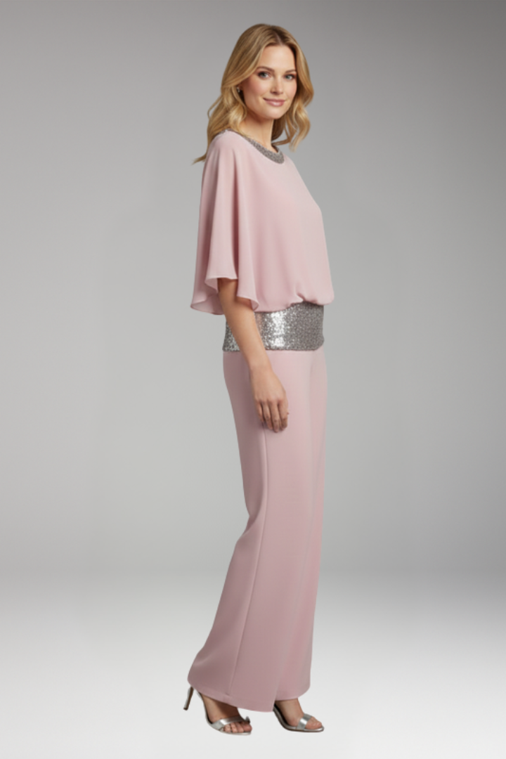 Women's Jumpsuit with Sequined Trim and Round Neck Top