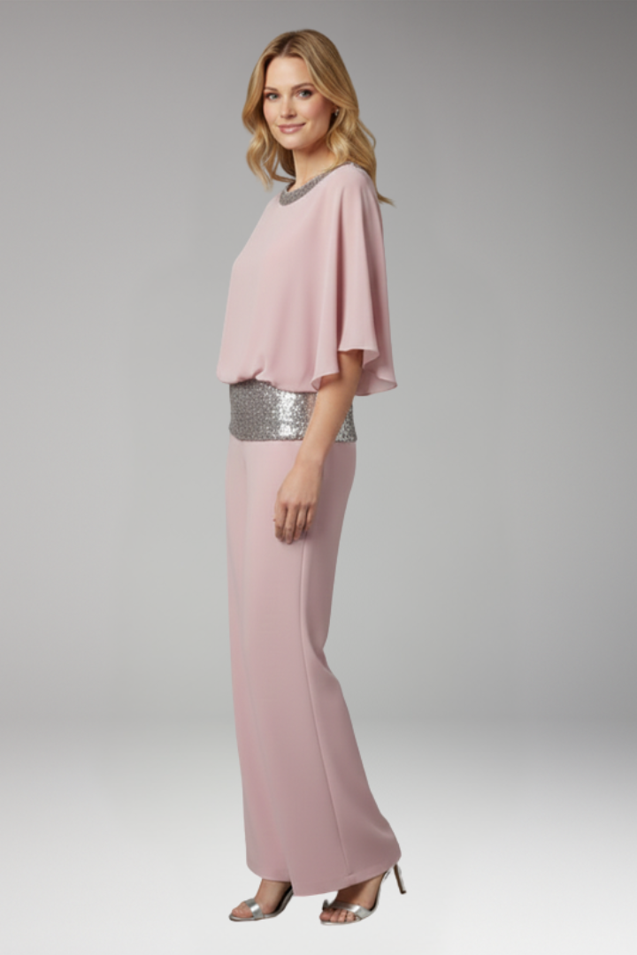 Women's Jumpsuit with Sequined Trim and Round Neck Top
