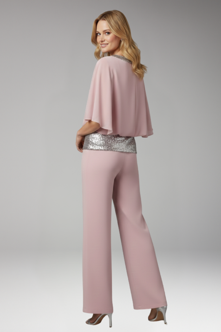 Women's Jumpsuit with Sequined Trim and Round Neck Top
