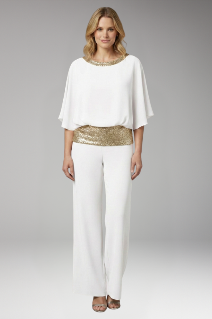 Women's Jumpsuit with Sequined Trim and Round Neck Top