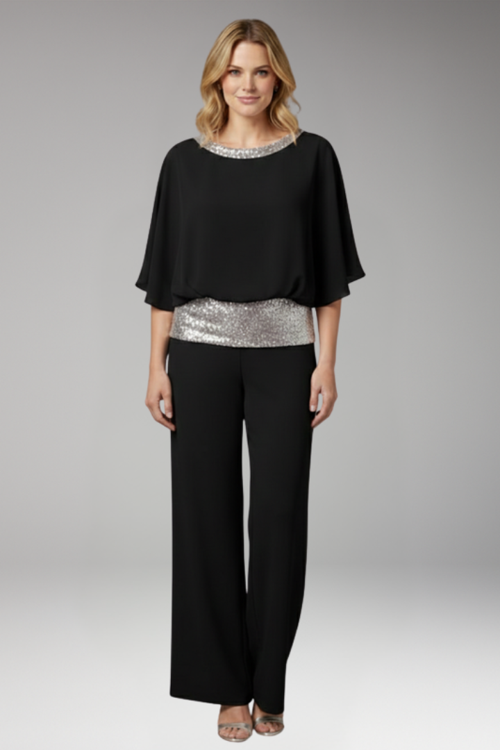 Women's Jumpsuit with Sequined Trim and Round Neck Top