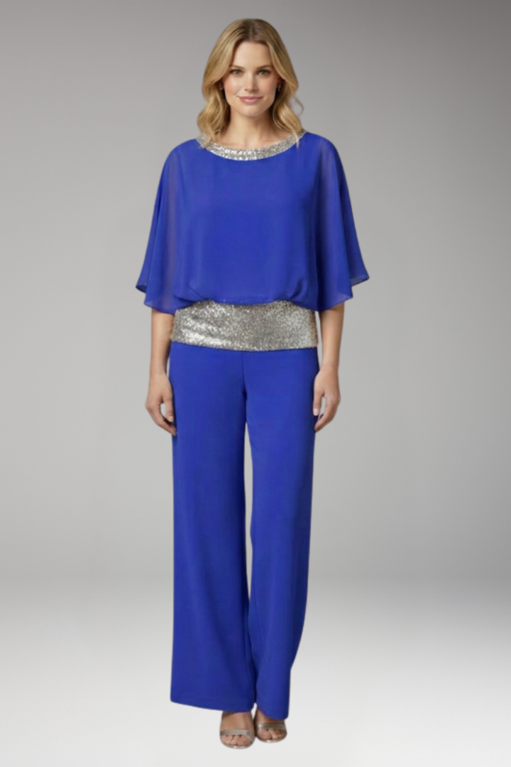 Women's Jumpsuit with Sequined Trim and Round Neck Top