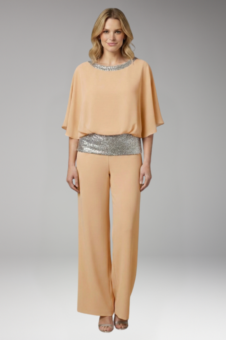 Women's Jumpsuit with Sequined Trim and Round Neck Top