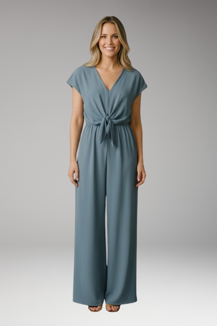 Women's Jumpsuit with Short Sleeve and Waist Tie