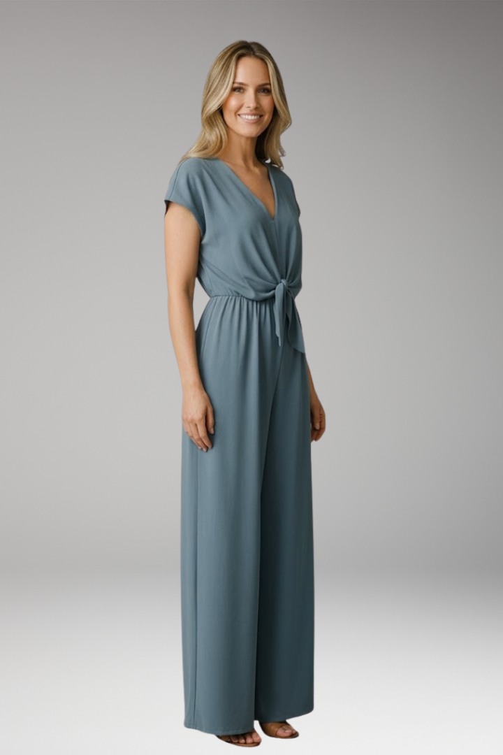 Women's Jumpsuit with Short Sleeve and Waist Tie