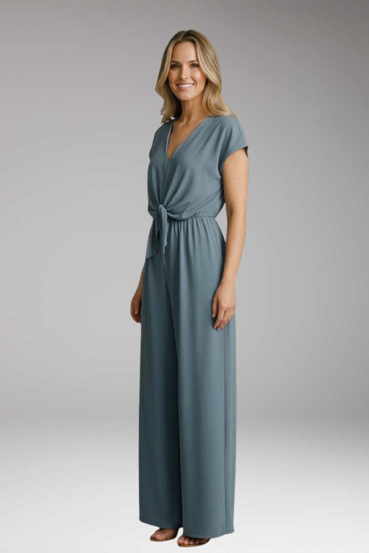 Women's Jumpsuit with Short Sleeve and Waist Tie