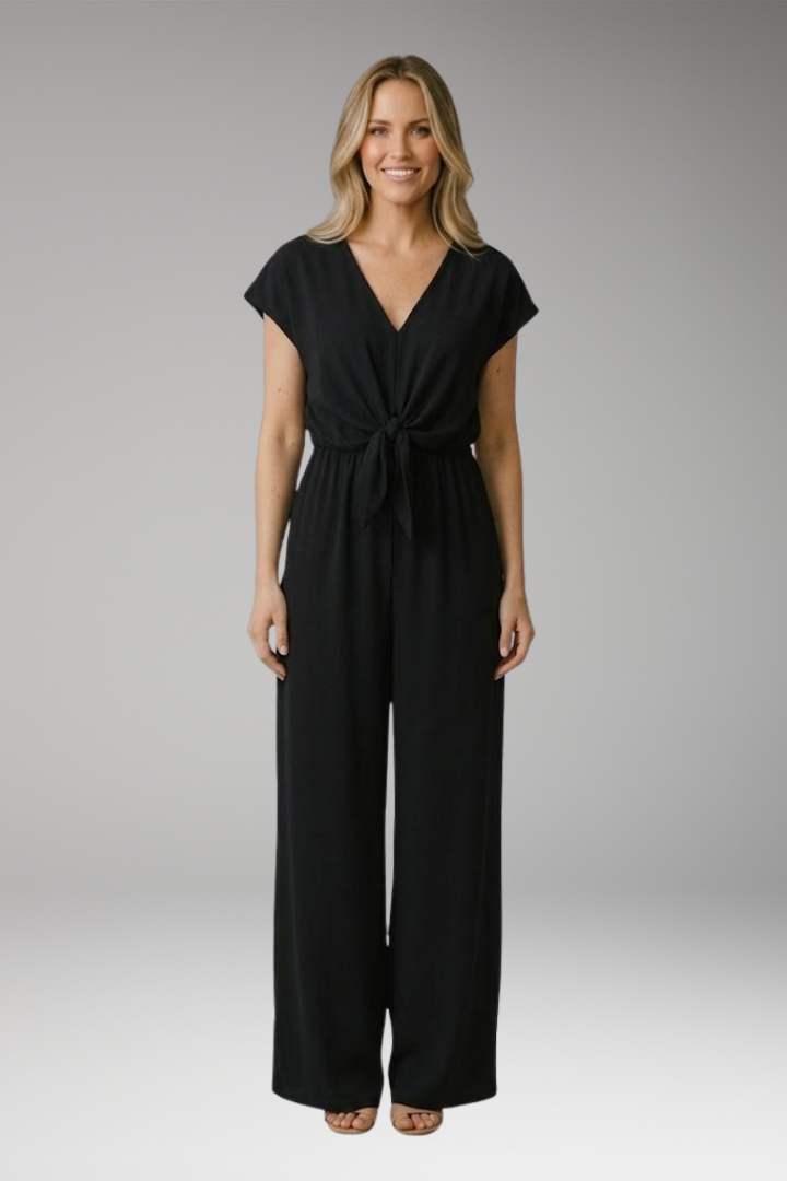 Women's Jumpsuit with Short Sleeve and Waist Tie